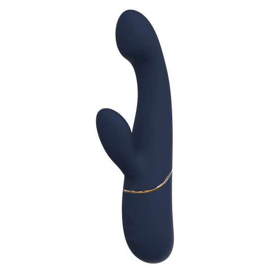 Vibrador duplo Hestia, com função de aceno. Seguindo o mesmo estilo dos outros brinquedos da Goddess Collection, o vibrador Hestia é feito de silicone azul-escuro com detalhes dourados. O vibrador duplo da Goddess Collec