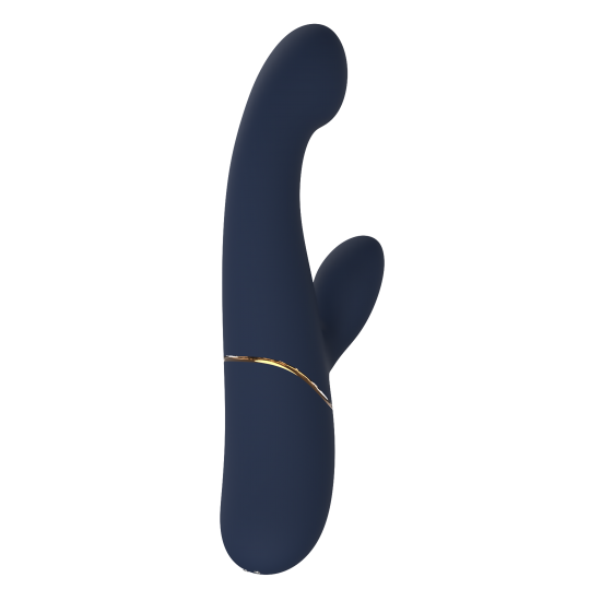 Vibrador duplo Hestia, com função de aceno. Seguindo o mesmo estilo dos outros brinquedos da Goddess Collection, o vibrador Hestia é feito de silicone azul-escuro com detalhes dourados. O vibrador duplo da Goddess Collec