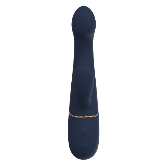 Vibrador duplo Hestia, com função de aceno. Seguindo o mesmo estilo dos outros brinquedos da Goddess Collection, o vibrador Hestia é feito de silicone azul-escuro com detalhes dourados. O vibrador duplo da Goddess Collec