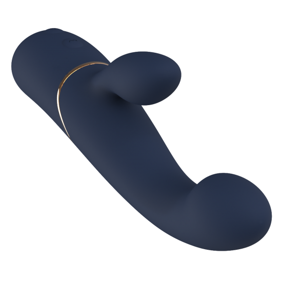 Vibrador duplo Hestia, com função de aceno. Seguindo o mesmo estilo dos outros brinquedos da Goddess Collection, o vibrador Hestia é feito de silicone azul-escuro com detalhes dourados. O vibrador duplo da Goddess Collec