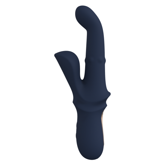 Vibrador duplo Iris, com esferas deslizantes e função de aceno. Seguindo o mesmo estilo dos outros brinquedos da Goddess Collection, o Iris é feito de silicone azul-escuro com detalhes dourados. O vibrador duplo Goddess