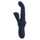 Vibrador duplo Iris, com esferas deslizantes e função de aceno. Seguindo o mesmo estilo dos outros brinquedos da Goddess Collection, o Iris é feito de silicone azul-escuro com detalhes dourados. O vibrador duplo Goddess