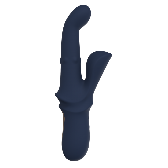 Vibrador duplo Iris, com esferas deslizantes e função de aceno. Seguindo o mesmo estilo dos outros brinquedos da Goddess Collection, o Iris é feito de silicone azul-escuro com detalhes dourados. O vibrador duplo Goddess