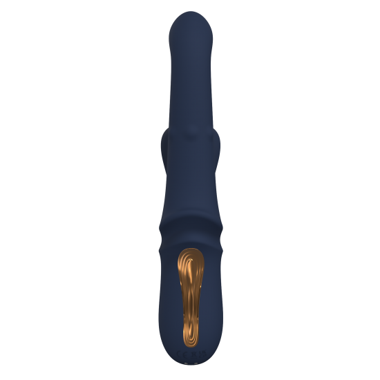 Vibrador duplo Iris, com esferas deslizantes e função de aceno. Seguindo o mesmo estilo dos outros brinquedos da Goddess Collection, o Iris é feito de silicone azul-escuro com detalhes dourados. O vibrador duplo Goddess