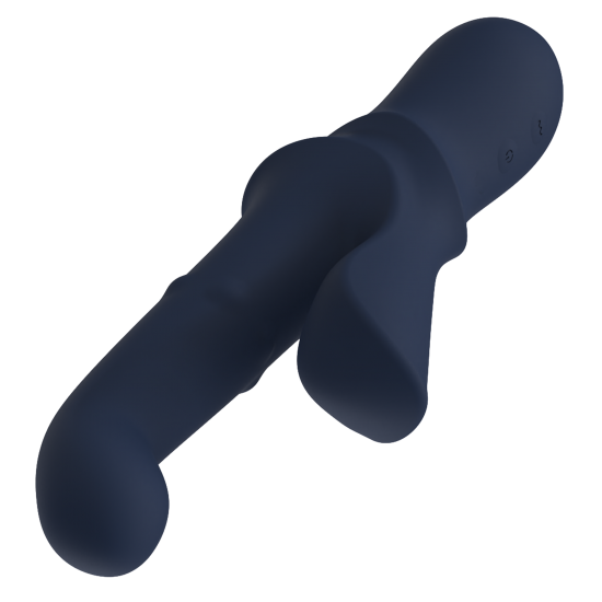 Vibrador duplo Iris, com esferas deslizantes e função de aceno. Seguindo o mesmo estilo dos outros brinquedos da Goddess Collection, o Iris é feito de silicone azul-escuro com detalhes dourados. O vibrador duplo Goddess