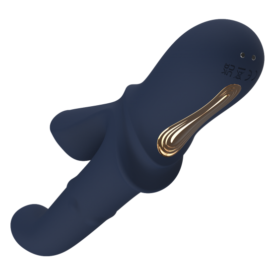 Vibrador duplo Iris, com esferas deslizantes e função de aceno. Seguindo o mesmo estilo dos outros brinquedos da Goddess Collection, o Iris é feito de silicone azul-escuro com detalhes dourados. O vibrador duplo Goddess