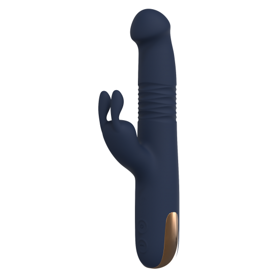 Vibrador duplo Phaedra com função de rotação para cima e para baixo. Seguindo o mesmo estilo dos outros brinquedos da Goddess Collection, o Phaedra é feito de silicone azul-escuro com detalhes dourados. O vibrador da God