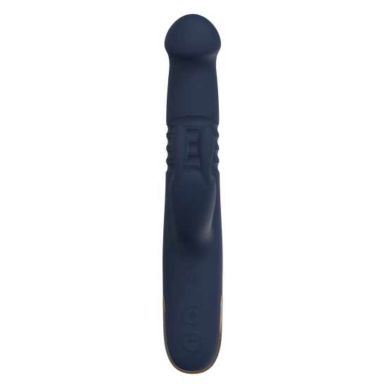 Vibrador duplo Phaedra com função de rotação para cima e para baixo. Seguindo o mesmo estilo dos outros brinquedos da Goddess Collection, o Phaedra é feito de silicone azul-escuro com detalhes dourados. O vibrador da God