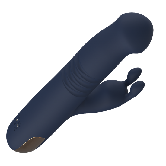 Vibrador duplo Phaedra com função de rotação para cima e para baixo. Seguindo o mesmo estilo dos outros brinquedos da Goddess Collection, o Phaedra é feito de silicone azul-escuro com detalhes dourados. O vibrador da God
