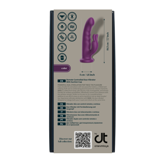 O Bold Sage é um vibrador em formato de coelho com controle remoto avançado, projetado para estimulação interna e externa combinadas. Com dois motores e uma haste rotativa com textura canelada, o Sage oferece desempenho