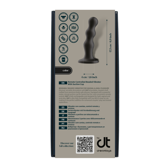O Bold Kay é um vibrador com controle remoto e textura de contas, projetado para proporcionar estimulação tátil com intensidade ajustável. Seu corpo com contas adiciona variação tátil, enquanto o núcleo flexível permite
