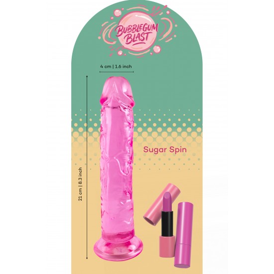 O Sugar Spin da coleção Bubblegum Blast é uma adição colorida e divertida a qualquer sortimento de produtos adultos. Medindo 21 cm, este dildo semitransparente é feito de TPE macio com um tom rosa vibrante que se destaca