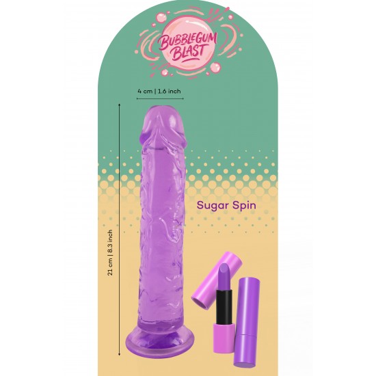 O Sugar Spin da coleção Bubblegum Blast é uma adição colorida e divertida a qualquer sortimento de produtos adultos. Medindo 21 cm, este dildo semitransparente é feito de TPE macio com um tom roxo vibrante que se destaca