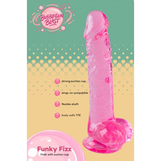 O Funky Fizz da coleção Bubblegum Blast é uma adição colorida e divertida a qualquer sortimento de produtos adultos. Medindo 19 cm, este dildo semitransparente é feito de TPE macio com um tom rosa vibrante que se destaca