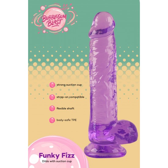 O Funky Fizz da coleção Bubblegum Blast é uma adição colorida e divertida a qualquer sortimento de produtos adultos. Medindo 19 cm, este dildo semitransparente é feito de TPE macio com um tom roxo vibrante que se destaca