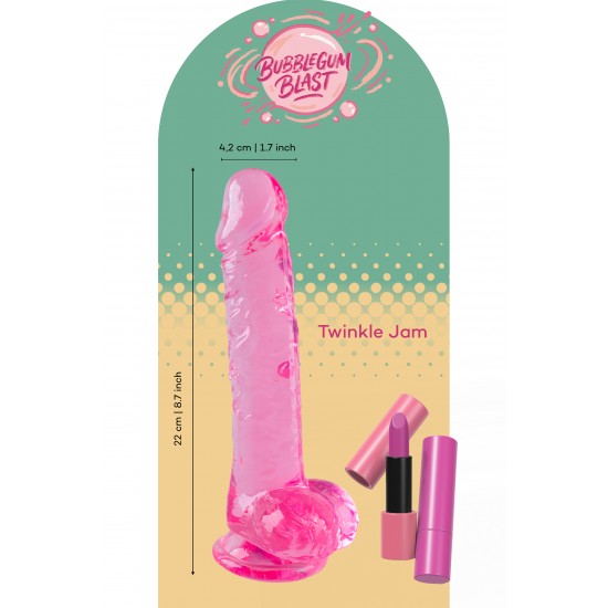 O Twinkle Jam da coleção Bubblegum Blast é uma adição colorida e divertida a qualquer sortimento de produtos adultos. Medindo 22 cm, este dildo semitransparente é feito de TPE macio com um tom rosa vibrante que se destac