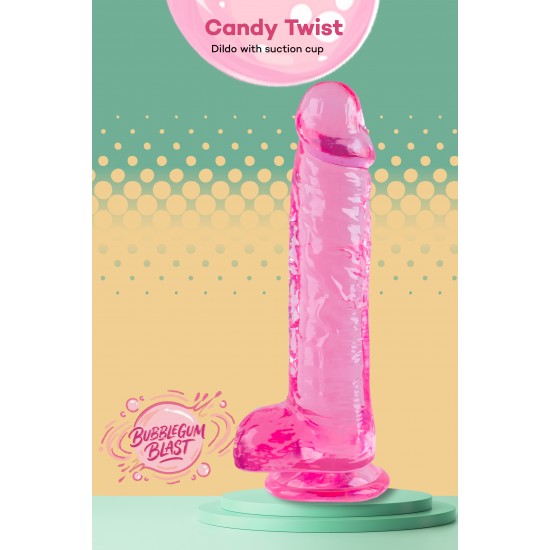 O Candy Twist da coleção Bubblegum Blast é uma adição colorida e divertida a qualquer sortimento de produtos adultos. Medindo 24 cm, este dildo semitransparente é feito de TPE macio com um tom rosa vibrante que se destac