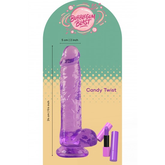 O Candy Twist da coleção Bubblegum Blast é uma adição colorida e divertida a qualquer sortimento de produtos adultos. Medindo 24 cm, este dldo semitransparente é feito de TPE macio com um tom roxo vibrante que se destaca