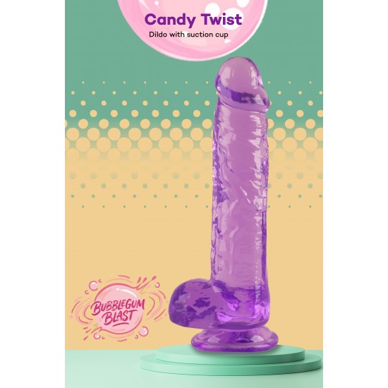 O Candy Twist da coleção Bubblegum Blast é uma adição colorida e divertida a qualquer sortimento de produtos adultos. Medindo 24 cm, este dldo semitransparente é feito de TPE macio com um tom roxo vibrante que se destaca