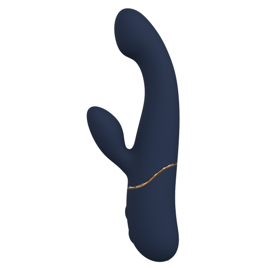 Vibrador duplo Hestia, com função de aceno. Seguindo o mesmo estilo dos outros brinquedos da Goddess Collection, o vibrador Hestia é feito de silicone azul-escuro com detalhes dourados. O vibrador duplo da Goddess Collec