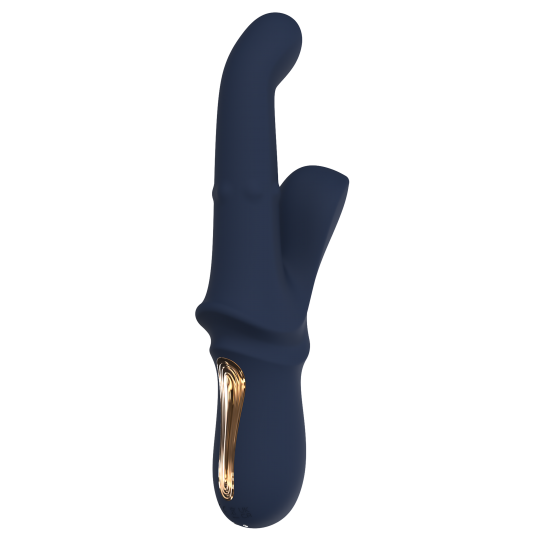 Vibrador duplo Iris, com esferas deslizantes e função de aceno. Seguindo o mesmo estilo dos outros brinquedos da Goddess Collection, o Iris é feito de silicone azul-escuro com detalhes dourados. O vibrador duplo Goddess