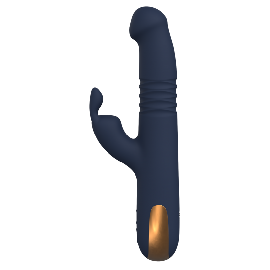 Vibrador duplo Phaedra com função de rotação para cima e para baixo. Seguindo o mesmo estilo dos outros brinquedos da Goddess Collection, o Phaedra é feito de silicone azul-escuro com detalhes dourados. O vibrador da God