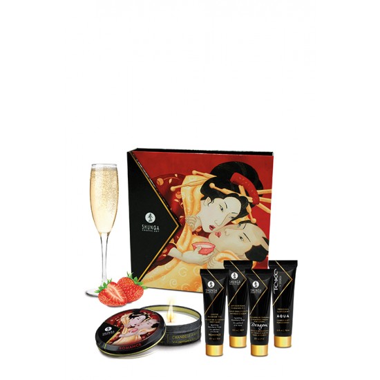 Kit Afrodisíaco Geishas Secret Morango Champagne Uma colecção de miniaturas perfeita para as escapadelas com a sua cara metade.Descubra os segredos mais quentes para apimentar os seus momentos íntimos com delicioso aroma a morango champagne. O kit contém: - Óleo de mas