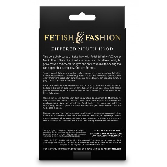 FETISH & FASHION Capuz com Fecho na Boca Assuma o controle do seu amante submisso com o Capuz com Zíper para Boca da Fetish & Fashion. Feito de nylon macio e confortável e metal sem níquel, este capuz provocante cobre os olhos e oferece uma abertura para a