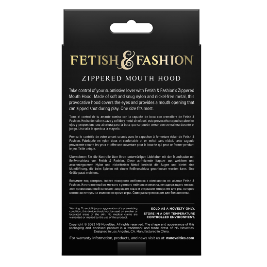 FETISH & FASHION Capuz com Fecho na Boca Assuma o controle do seu amante submisso com o Capuz com Zíper para Boca da Fetish & Fashion. Feito de nylon macio e confortável e metal sem níquel, este capuz provocante cobre os olhos e oferece uma abertura para a