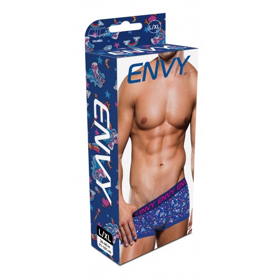 Seja para um segredinho seu ou para algo que você queira exibir, esta cueca boxer com suporte e charme é exatamente o que você procura! Confeccionada em azul royal e estampas de unicórnios e arco-íris mágicos e sedutores