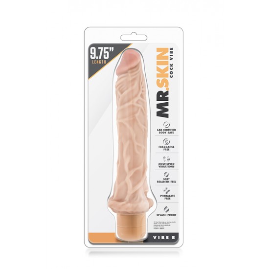 Seja um bom anfitrião e receba de braços abertos o Mr. Skin em sua casa!Vibrador realista com cabeça e corpo proeminente. Com botão rotativo na base para navegar entre as potentes e profundas vibrações multivelocidad