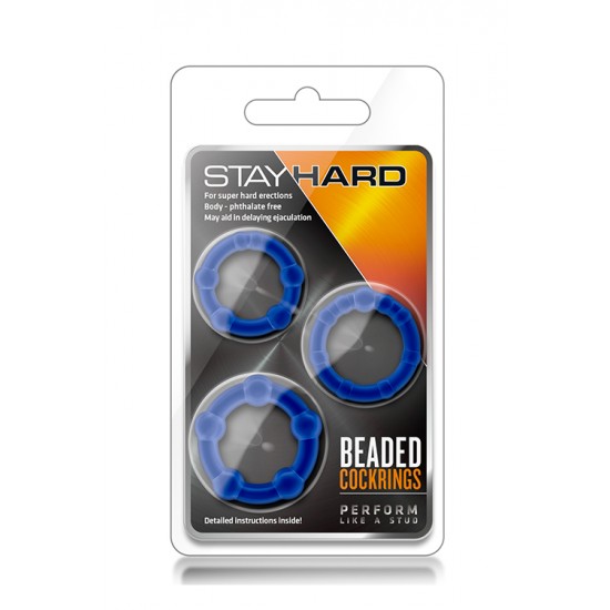Conjunto 3 Anéis Pénis Beades Stay Hard Azul Delicie-se a si e à sua cara metade!Conjunto de 3 anéis de tamanhos diferentes para o pénis e testículos.Em material elástico e flexível que serve a qualquer tamanho. Pode utilizar individualmente cada um deles ou em con