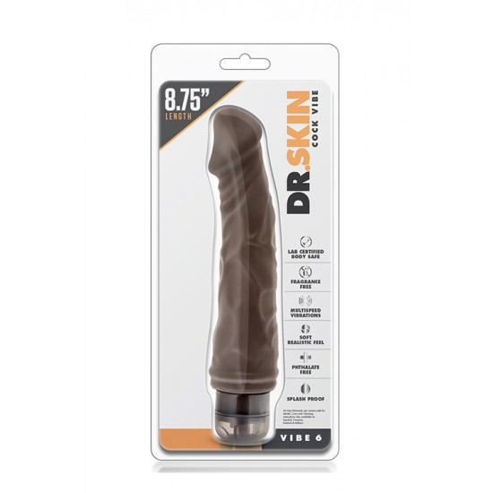 DR. SKIN VIBE 6 CHOCOLATE Seja um bom anfitrião e receba de braços abertos o Dr. Skin em sua casa!Vibrador realista com cabeça e corpo proeminente. Com botão rotativo na base para navegar entre as potentes e profundas vibrações multivelocidades.À
