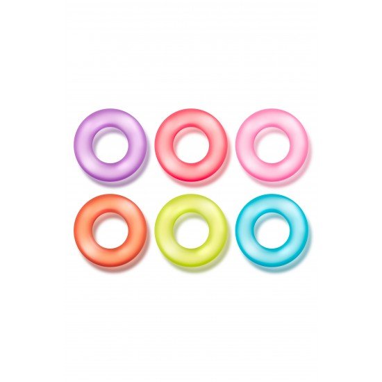 6 anéis penianos em cores divertidas. Sinta-se mais forte, maior e prolongue seu jogo. Pode ser usado ao redor do eixo ou tanto no eixo quanto nos testículos. Elastômero super elástico. Alta resistência à tração. El