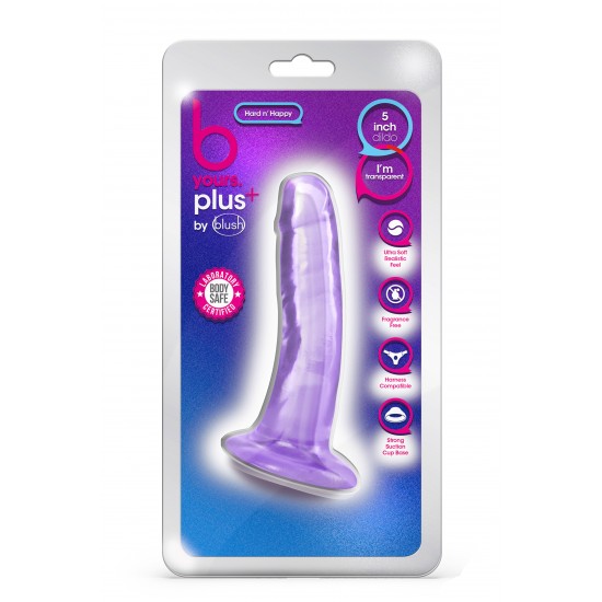 Blush B Yours Plus Hard n' Happy é um vibrador realista com uma ligeira curva para estimulação do ponto G e do ponto P, e uma base de ventosa robusta que se prende a qualquer superfície plana e lisa para tempo solo. Ou f