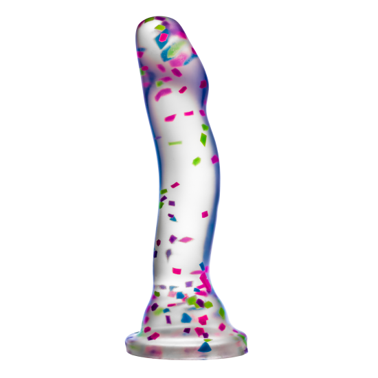 Hanky ​​Panky é um dildo transparente cheio de confete, pronto para a diversão! Apague as luzes e veja-o brilhar enquanto você brinca. A cabeça proeminente é perfeita para estimular o ponto G ou P e é feita de silicone P