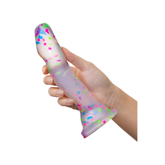 Hanky ​​Panky é um dildo transparente cheio de confete, pronto para a diversão! Apague as luzes e veja-o brilhar enquanto você brinca. A cabeça proeminente é perfeita para estimular o ponto G ou P e é feita de silicone P