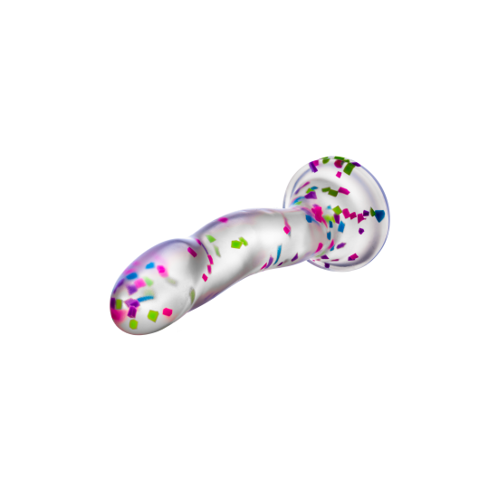 Hanky ​​Panky é um dildo transparente cheio de confete, pronto para a diversão! Apague as luzes e veja-o brilhar enquanto você brinca. A cabeça proeminente é perfeita para estimular o ponto G ou P e é feita de silicone P