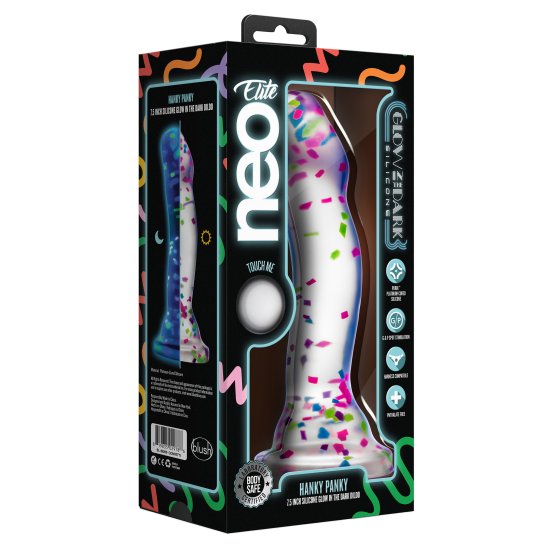 Hanky ​​Panky é um dildo transparente cheio de confete, pronto para a diversão! Apague as luzes e veja-o brilhar enquanto você brinca. A cabeça proeminente é perfeita para estimular o ponto G ou P e é feita de silicone P