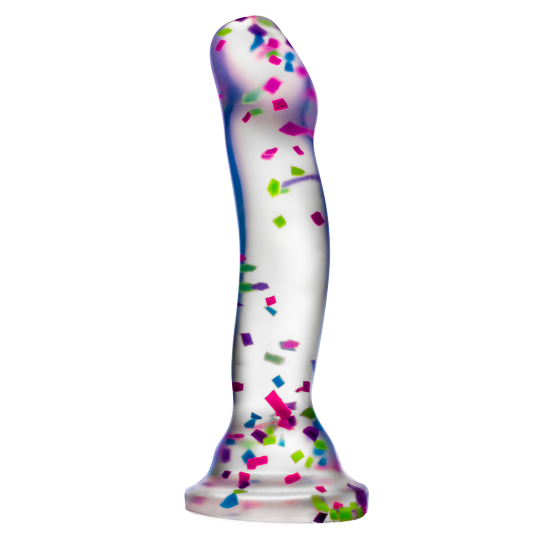 Hanky ​​Panky é um dildo transparente cheio de confete, pronto para a diversão! Apague as luzes e veja-o brilhar enquanto você brinca. A cabeça proeminente é perfeita para estimular o ponto G ou P e é feita de silicone P