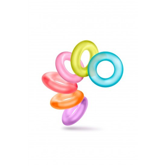 6 anéis penianos em cores divertidas. Sinta-se mais forte, maior e prolongue seu jogo. Pode ser usado ao redor do eixo ou tanto no eixo quanto nos testículos. Elastômero super elástico. Alta resistência à tração. El