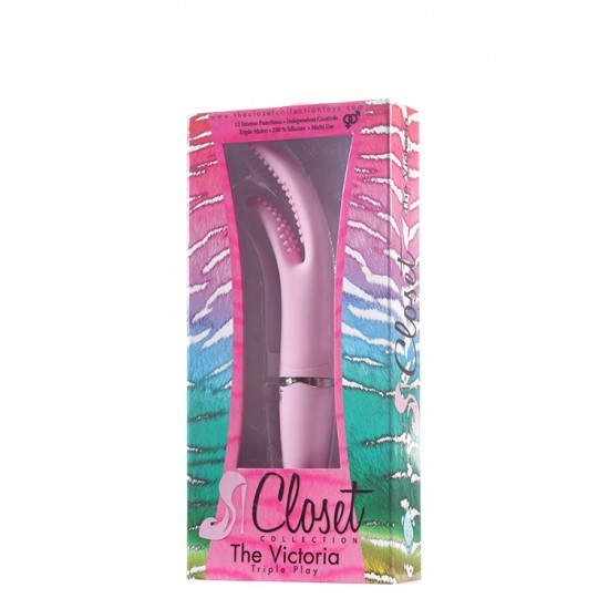 The Victoria Triple Play is an 11 inch, double ended vibrator with 12 powerful functions and easy to use one-touch controls. Made with a soft silicone, textured, flexible head, and a firm curved double ball shaped handle