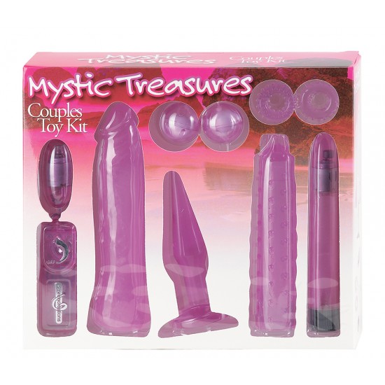 "Mystic Treasures"-Kit de 8 acessórios ao serviço do casal. Funciona com 4 pilhas AA (não incluidas). Este kit contem: 1 ovo vibrante, 2 aneis de erecção, 1 plug anal, 2 capas de vibrador em silicone, 1 bolas chinesas e