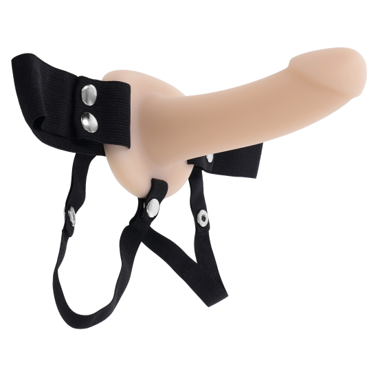 Este dildo oco com tiras para vestir possui uma haste macia e sedosa com uma cabeça cônica e é removível para limpeza. As tiras do arnês são elásticas na cintura e nas pernas, com tiras para as pernas totalmente ajustáve