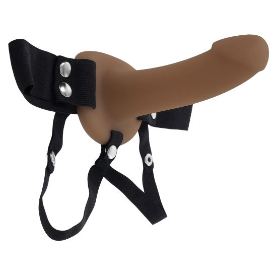 Este dildo oco com tiras para vestir possui uma haste macia e sedosa com uma cabeça cônica e é removível para limpeza. As tiras do arnês são elásticas na cintura e nas pernas, com tiras para as pernas totalmente ajustáve