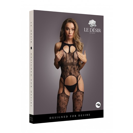 Lace suspender bodystocking with round neck - Black - O/S