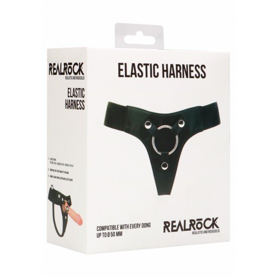 Arnês em Pele Strap-On Elástico RealRock Some um dildo com, ou sem vibração, a este arnês e penetre bem fundo no corpo da sua cara metade!Este arnês vem munido com um anel metálico que lhe permite utilizar variados dildos até 5cm de diâmetro.As tiras são elás