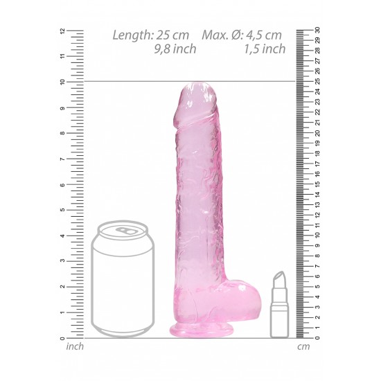 Dildo realistico com testiculos 23cm Rosa - RealRock Este modelo REALROCK CRYSTAL CLEAR foi projetado com bolas realistas para uma experiência realística aprimorada. Todos vêm com uma ventosa resistente para que você possa colá-los em praticamente qualquer superfície lisa.