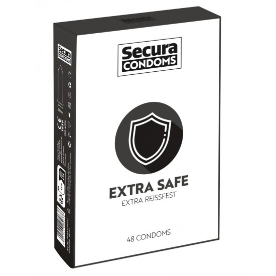 Secura Extra Safe 48pcs Box Preservativos transparentes e extrafortesExtra resistente a rasgosMenos atrito – sexo mais longoCom um revestimento lubrificante à base de siliconeInodoro e insípidoAdequado para veganos Paredes extrafortes para desempen