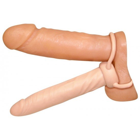 Dildo flexível (, 2,5 cm de diâmetro 16 cm de comprimento) com anel para o pênis (Ø 3 cm) e anel para testículos (O 5 centímetros, elástica). Material: TPR, livre ftalatos.